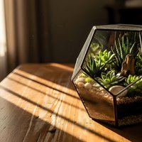 Modern geometric glass terrarium with succulent plants on wooden table in warm sunlight for home decor and indoor gardening projects.