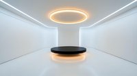 Minimalist white room with a black round podium and glowing circular ceiling light, creating a futuristic product display stage.
