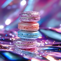 Colorful French macarons stacked in purple, pink and blue with sparkly glitter on shiny reflective surface amid dreamy bokeh lights and magical atmosphere.