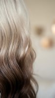 Close-up of healthy blonde wavy hair with natural highlights and soft texture in salon setting for beauty and haircare concepts.