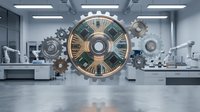 Steampunk clock with golden gears and mechanical parts in modern industrial laboratory workspace for technology and innovation concepts.