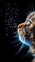 Close-up profile of cat face with whiskers against black background, surrounded by floating water droplets creating magical atmosphere and blue highlights.