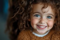 Close up portrait of young girl with bright blue eyes, natural curly brown hair, and genuine smile wearing brown sweater against blurred background.
