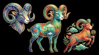 Ornate decorative ram, goat, and horse figures with intricate colorful patterns, isolated on transparent background. Ready for clipart, t-shirt design, stickers, print-on-demand, and sublimation projects.