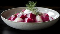 Fresh cubed beetroot and turnip salad garnished with dill in ceramic bowl on dark wooden surface, close up view of healthy vegetarian dish.