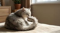 Gray tabby cat grooming itself while curled up on a beige surface in a cozy home interior with warm natural light.