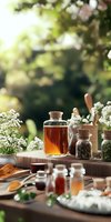 Aromatic herbs, honey and spices on wooden table with glass bottles and jars in garden setting. Natural medicine and organic ingredients for wellness and healing.