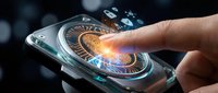 Futuristic smartphone with glowing fingerprint scanner and holographic interface elements. Hand touching biometric security technology for mobile authentication.