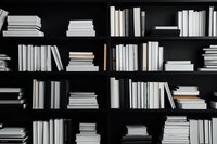 White books arranged on black wooden shelves creating minimalist monochrome pattern. Modern library interior with organized literature collection.