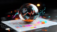 Glass globe with world map floating over colorful financial charts and market data graphs, glowing neon trading statistics on dark background with bokeh lights.