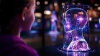 Futuristic glowing hologram head in glass dome with cosmic galaxy texture and purple neon lights, viewed by silhouetted person against dark background with bokeh effects.