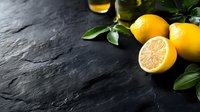 Fresh yellow lemons with green leaves on dark slate stone background. Organic citrus fruits for cooking, beverages and healthy nutrition concepts.