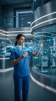 Female doctor using holographic interface in futuristic medical facility with advanced technology and digital healthcare innovation systems.