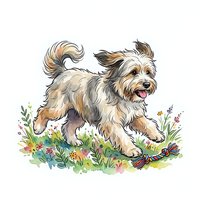 Cheerful terrier mix with tan and white coat running through wildflowers, isolated on white background for design projects, apparel, and clipart applications.
