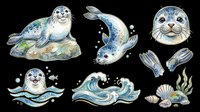 Watercolor seal and fish collection isolated on transparent background, ready for t-shirt design, clipart, stickers, sublimation and print-on-demand projects.