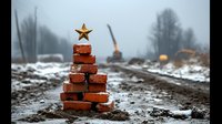 Creative Christmas tree made from stacked red bricks with golden star on top at construction site in winter, with excavators and machinery in foggy background.