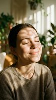 Woman with eyes closed smiling peacefully in bright sunlit room surrounded by potted plants, wearing beige sweater, expressing contentment and relaxation for wellness and lifestyle concepts.