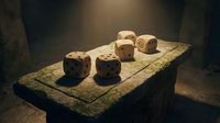 Ancient carved stone dice displayed on weathered stone table in museum setting, archaeological artifacts showing gaming history and cultural heritage for educational and historical content.
