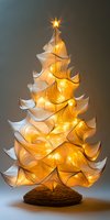 Illuminated paper art Christmas tree with glowing warm lights and delicate curved layers creating magical holiday atmosphere, topped with golden star.