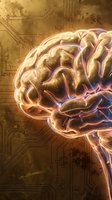 Glowing human brain with electric neural pathways on golden circuit board background representing artificial intelligence and machine learning technology.
