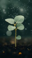 Young green sprout with water drops growing from soil against dark background with bokeh lights, symbolizing growth, hope and new beginnings.