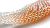 Fresh salmon fillet with shiny scales in macro view showing detailed fish skin texture and natural pink-orange color gradient on white background.
