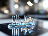 Futuristic glass capsules with blue liquid and molecular structure on reflective surface against blurred bokeh background, modern scientific concept.