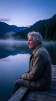 Senior man with gray hair and Caucasian ethnicity sitting on wooden dock at misty mountain lake at dawn, wearing casual cardigan sweater, contemplating serene landscape with evergreen forest and calm water reflections.