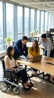 Diverse business team collaborating in modern office with wheelchair accessibility, promoting inclusive workplace culture and teamwork.