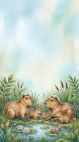 Watercolor capybara family with babies near pond surrounded by marsh plants and water lilies on soft blue green background for nature designs.