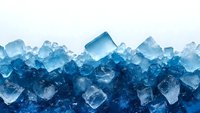 Refreshing blue ice cubes on white background, cooling element for beverages and food preservation in summer heat.