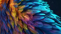 Vibrant feathers in turquoise blue, purple and gold create abstract macro pattern on dark background, showing intricate natural texture and iridescent plumage detail.