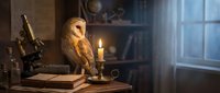 Barn owl perched on antique books beside flickering candle in scholarly study with telescope and moonlight streaming through window.
