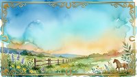 Watercolor rural landscape with golden ornamental frame, featuring rolling hills, wooden fence, grazing horse, wildflowers, and soft sunrise sky. Suitable for greeting cards, wall art, and vintage design projects.