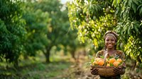 Woman farmer holding basket of fresh oranges in orchard during harvest season for agricultural and food production projects.