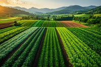 Aerial view of agricultural fields with rows of crops stretching toward mountain range at sunset, vibrant green farmland patterns creating geometric landscape composition.