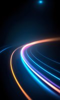 Glowing curved light trails in motion against dark background, featuring vibrant neon colors of blue, purple, and orange creating dynamic streaks for technology concepts.