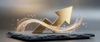 Golden upward arrow with glowing particles on dark slate surface symbolizing business growth, success, and financial progress in corporate environment.