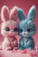 Adorable pink and blue fluffy bunny toys with big eyes and heart decorations on pink background, romantic kawaii style plush animals for Valentine's day decor.