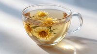 Glass cup of herbal tea with blooming chrysanthemum flowers floating on surface, sunlight casting soft shadows on white background, wellness and relaxation concept.