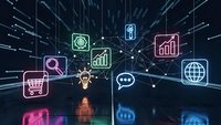 Business professional analyzing digital marketing data with glowing network icons and analytics charts in futuristic technology environment.