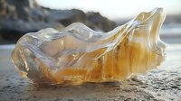 Translucent amber sea glass piece on sandy beach at sunset, showcasing natural erosion patterns and smooth curved edges with golden light filtering through.