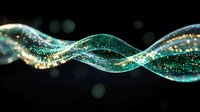Glowing turquoise wave with sparkling gold particles flowing on black background, abstract light motion effect for modern tech and science designs.