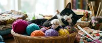 Black and white cat playing with colorful yarn balls in wicker basket, crafting and hobby supplies for knitting projects and creative activities.