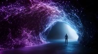 Silhouette of person standing in futuristic digital tunnel with glowing purple and blue network connections creating cyber portal entrance.