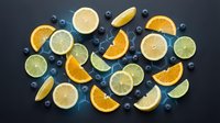 Fresh citrus fruit slices with blueberries on dark background. Lemon, lime and orange segments arranged for healthy eating and vitamin C concept.