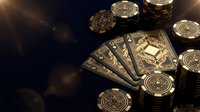 Luxury golden poker cards and casino chips on dark background for gambling entertainment and gaming industry marketing materials.