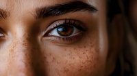 Close-up portrait of young woman with freckles and brown eyes showcasing natural beauty and skincare concepts for cosmetic and wellness campaigns.