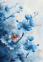 Delicate blue cherry blossoms with coral accents on misty watercolor background, creating ethereal spring atmosphere for wall art and greeting cards.