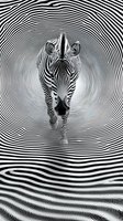 Zebra emerging from hypnotic spiral pattern in black and white, creating optical illusion effect with striped background for modern wall art and design projects.